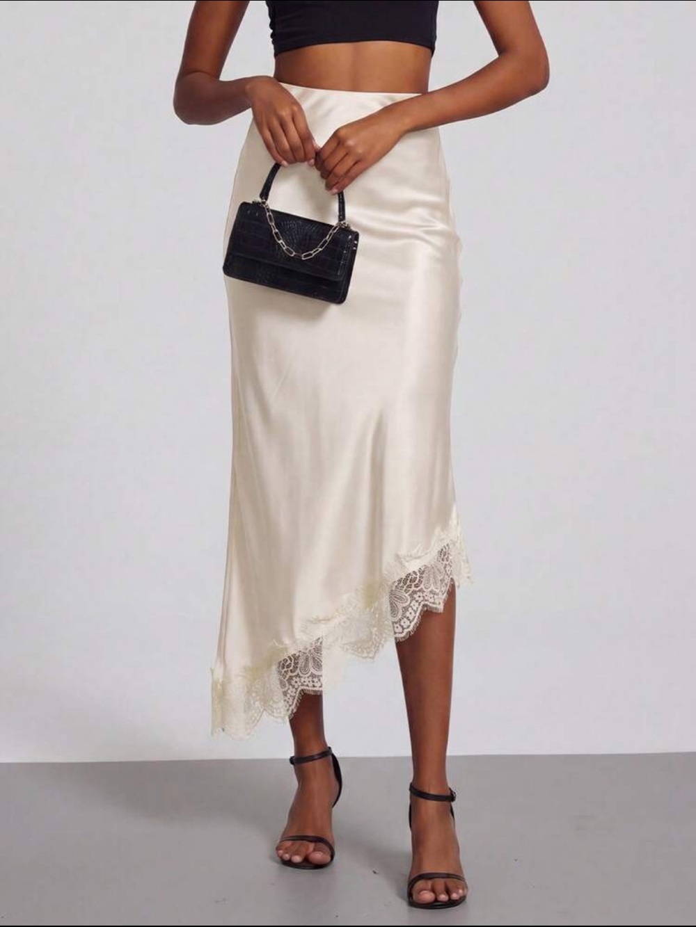 Satin Lace-Trim Asymmetrical High Rise Midi Skirt - Black - Picture 14 of 15